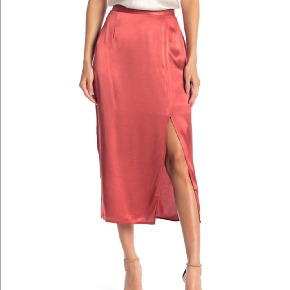 Wayf Satin Slip Midi Skirt Burnt Orange Rust With Thigh Slit
